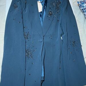 Chic Embellished Women's Blazer in Deep Blue